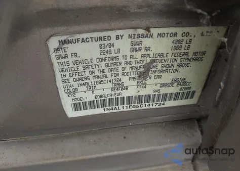 2005 Nissan Altima 2.5 S from USA, damaged, VIN 1N4AL11E05C141724